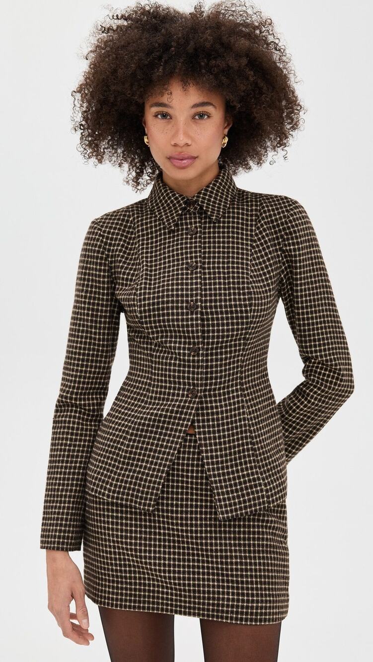 NWT Reformation Chloe Brown Check Blazer Mini Skirt Set Size 8